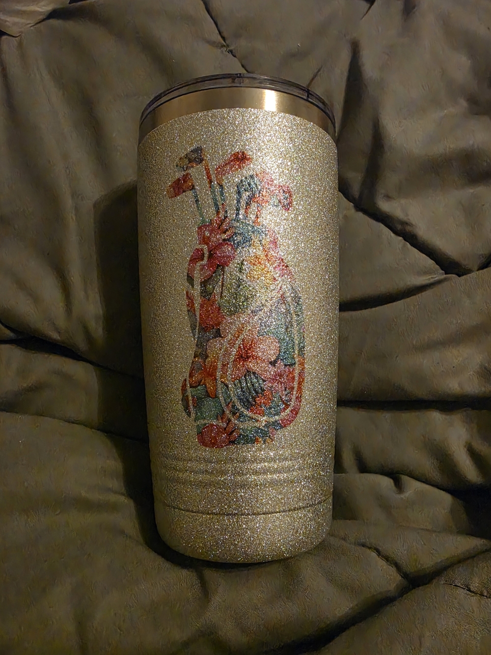 Glitter Gold Floral Golf Tumbler - Travel Drink Cup